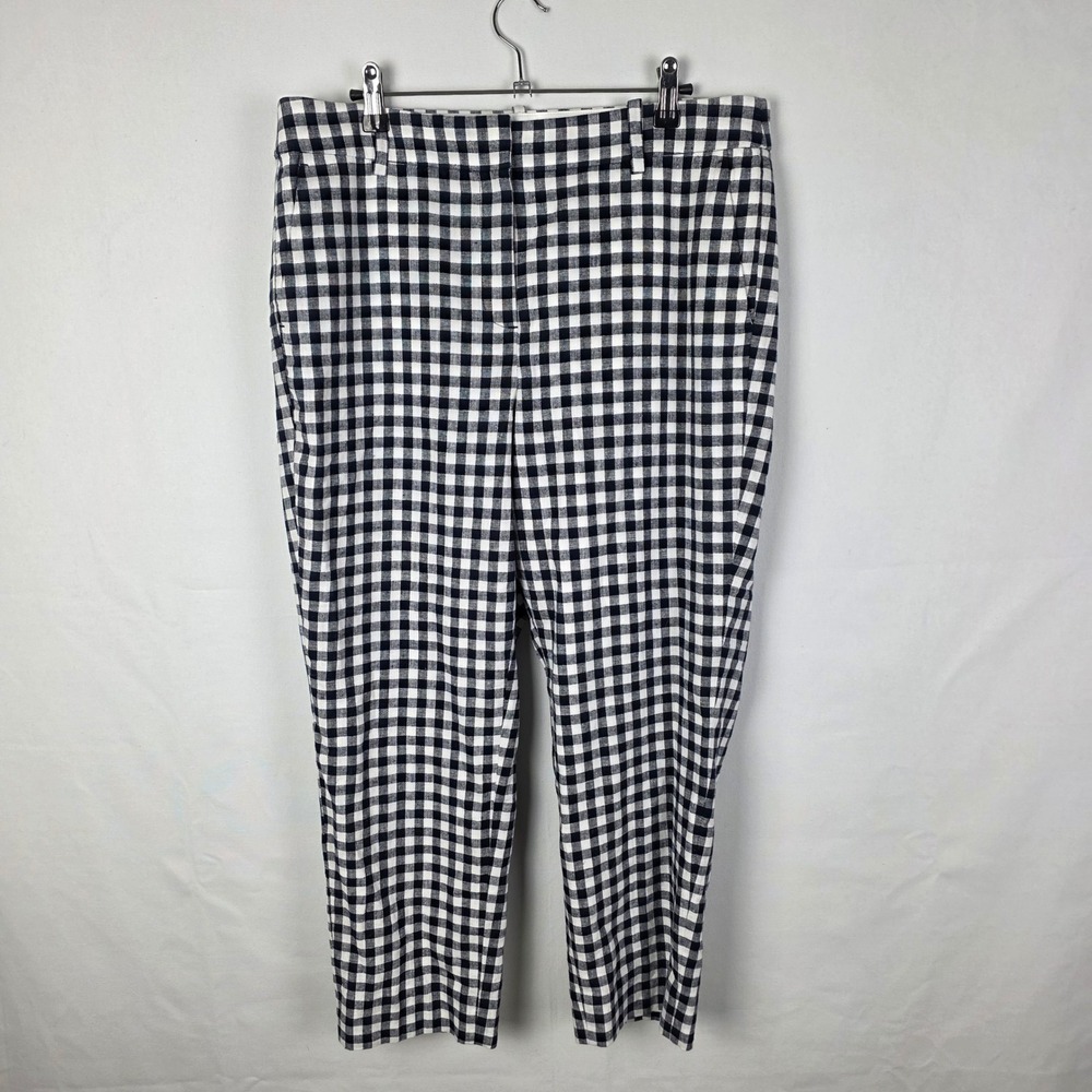 J.Crew Womens 12 Gingham Linen Cotton Blend Trousers Navy White AW376 NEW